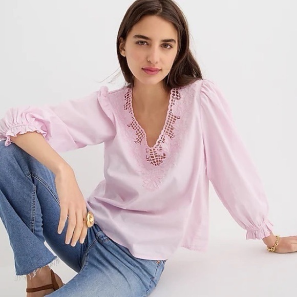 NWT J. Crew V-Neck Top with Eyelet Trim Baby Ballet Pink - Picture 1 of 12